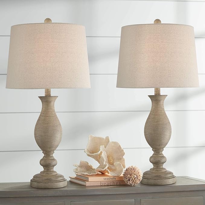 Regency Hill Serena Country Cottage Natural Traditional Table Lamps 27.5" Tall Set of 2 Cream Beige Gray Faux Wood Oatmeal Drum Shade for Living Room Bedroom House Bedside Nightstand Home