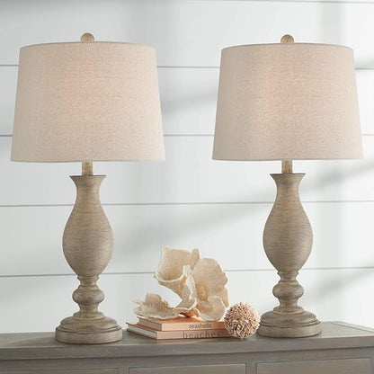 Regency Hill Serena Country Cottage Natural Traditional Table Lamps 27.5" Tall Set of 2 Cream Beige Gray Faux Wood Oatmeal Drum Shade for Living Room Bedroom House Bedside Nightstand Home