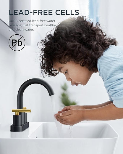FORIOUS 4 in Black and Gold Bathroom Faucet Centerset, 2 Handle Matte Black Swivel Faucet for Bathroom Sink 2 or 3 Hole with Pop Up Dain Assembly and cUPC Supply Hose, Suitable for Vanity RV Restroom