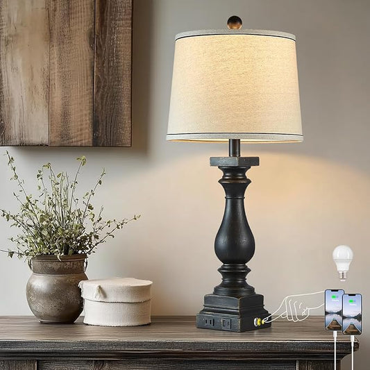 28" Tall Farmhouse Table Lamps with USB C+A Ports and AC Outlet, 3 Way Touch Control Rustic Bedside Lamps for Bedroom, Black Vintage Nightstand Lamps for Living Room Office