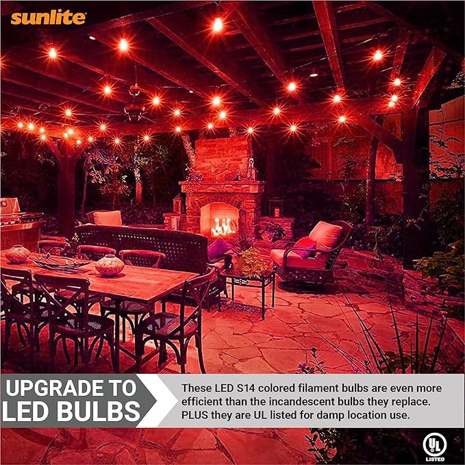 Sunlite LED S14 String Light Bulb, 2 Watts (25W Equivalent), Medium E26 Base, Party Decoration, Holiday Lighting, Transparent, Dimmable, UL Listed, Red, 6 Count