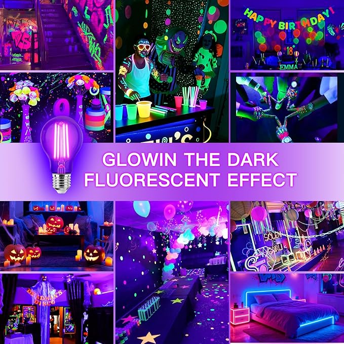 6 Pack E26 A19 Filament LED Black Light Bulbs, 9W Blacklight Bulb, 100W Equivalent, Black Light Bulb Glow in Dark Party Fluorescent Posters Decor Display