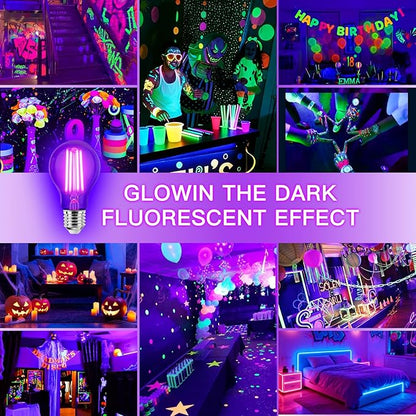 6 Pack E26 A19 Filament LED Black Light Bulbs, 9W Blacklight Bulb, 100W Equivalent, Black Light Bulb Glow in Dark Party Fluorescent Posters Decor Display