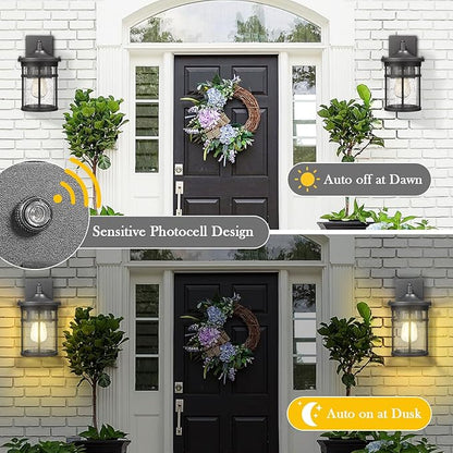 Dusk to Dawn Outdoor Wall Lighting Outdoor Wall Lantern with Sensor Exterior Wall Light Anti-Rust Porch Light Fixtures Wall Mount Waterproof Wall Sconce with Clear Seeded Glass for Garage Patio