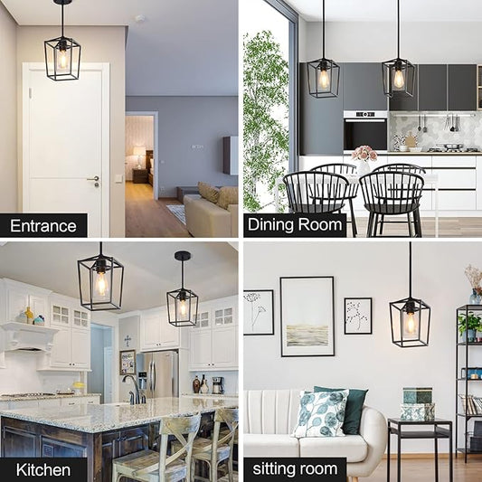 Pendant Light Fixture,Adjustable Black Iron Cage Farmhouse Metal Kitchen Island Hanging Light with Clear Glass Shade, Suitable for Kitchen Island, Entrance, Dining Room, Hallway(1 Light)…
