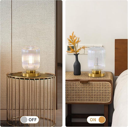 Dimmable Colorful Glass Table Lamp: Mid Century Modern Nightstand Light With Stained Shade - Small Decorative Brass Desk Lamp - Ribbed Glass Bedside Tables Lamps for Bedroom Living Room Bulb Excluded
