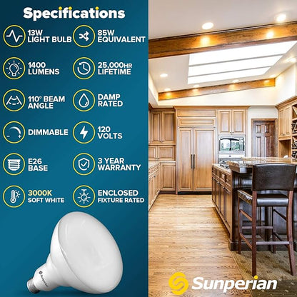 SUNPERIAN 6 Pack BR40 LED Light Bulbs, 13W=85W, 3000K Soft White, 1400 Lumens, Dimmable Flood Light Bulbs for Recessed Cans, Enclosed Fixture Rated, Damp Rated, UL Listed, E26 Standard Base