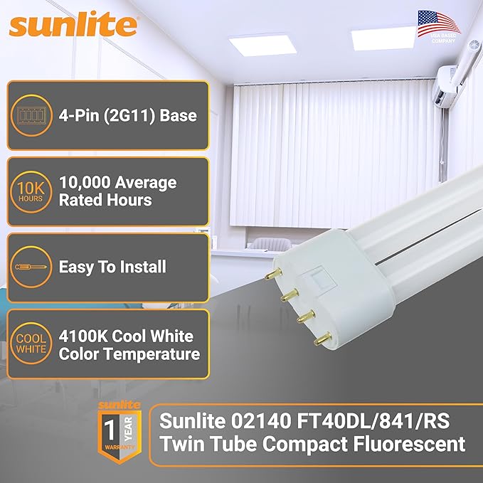 Sunlite FT40DL/841 Twin Tube Compact Fluorescent Lamp, FT 4-Pin, 40 Watts, 3150 Lumens, 4100K Cool White, 4-Pin (2G11) Base, ROHS Compliant, 10 Pack