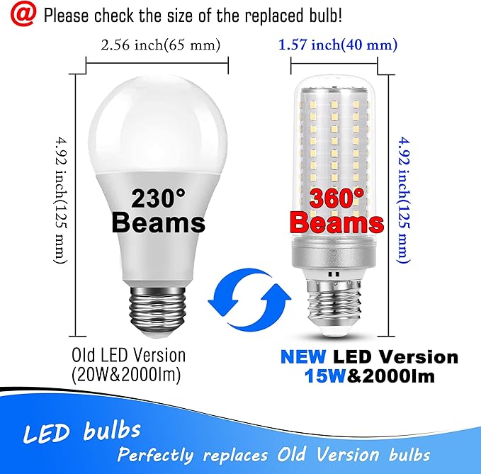 1.57 x 4.92 inch Big E26 LED Bulbs 15W LED Corn Light Bulbs 150 Watt Equivalent 2000 Lumen 6000K Daylight White for Outdoor Home attic Corridor Garage Warehouse Candelabra Ceiling Fan LED Bulbs,2Pack