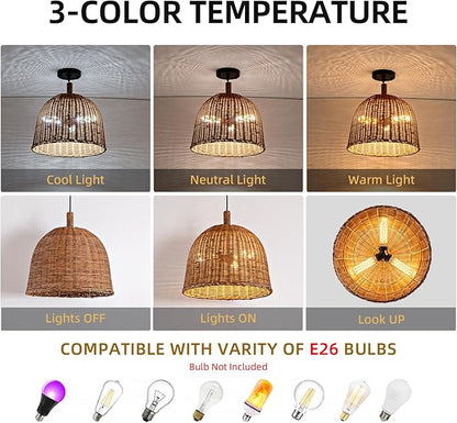 3-Light Dark Curry Rattan Pendant Light,13.77" Rustic Hanging Light,Brown Wicker Pendant Light Hand-Woven Rattan Chandelier for Workplace Dining Living Bedroom Kitchen Farmhouse