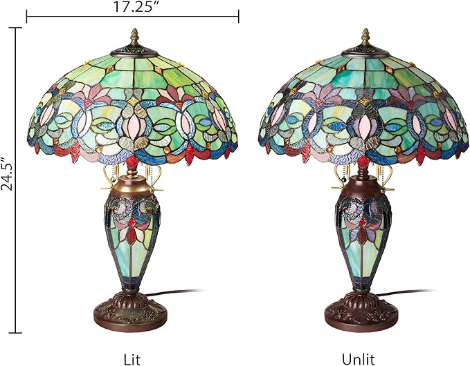 RIVER OF GOODS 24.5" H Victorian Green Dome Shade Double Lit Tiffany-Style Stained Glass Table Lamp