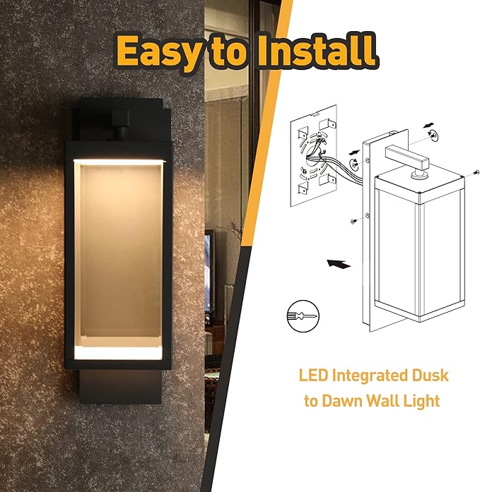 Dusk to Dawn Outdoor Wall Porch Light, 800Lm Modern Sconce 3000K, LED Matte Black Exterior Fixtures, Mounted Patio Lamps, Waterproof for Garage Walkway Backyard Garden