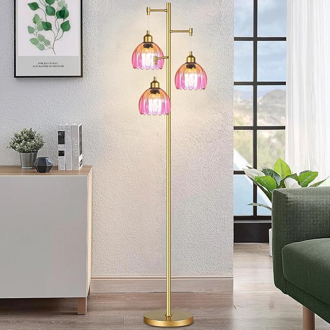 Floor Lamp for Living Room,Bedroom,Gold Mid Century Modern Standing Lamp Brass Tree 3 Light Tall Floor Lamps Vintage Retro Floor Lights Glass Flower Lamp Shade Farmhouse Boho Bohemian