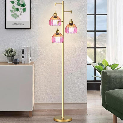 Floor Lamp for Living Room,Bedroom,Gold Mid Century Modern Standing Lamp Brass Tree 3 Light Tall Floor Lamps Vintage Retro Floor Lights Glass Flower Lamp Shade Farmhouse Boho Bohemian