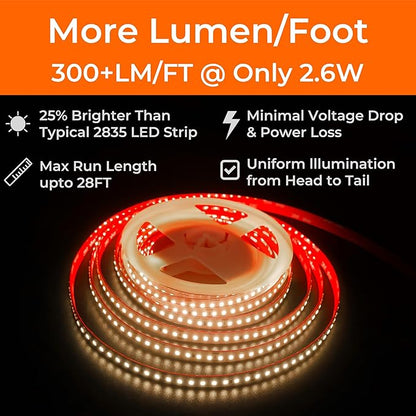 24V 2835 LED Strip Lights 3000K, 300+LM/FT, 16.4FT, UL Listed, CRI95, High Density 160LEDs/m Tape Light, Cuttable, Dimmable, VHB Equipped, for Pros, Bedroom, Kitchen, Cabinet (NO Power Supply)