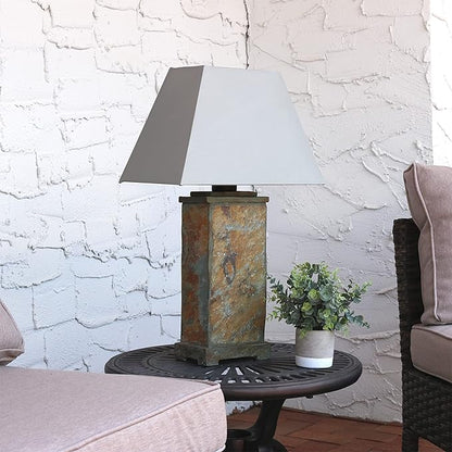 Sunnydaze 24" Outdoor Table Lamp - Weather-Resistant Natural Slate Light for Indoor or Outdoor Use - Gray Cotton Lampshade - Stone