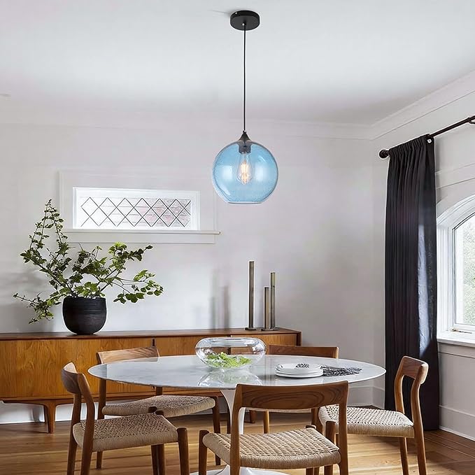 Blue Glass Pendant Lights Kitchen Island Lighting Modern Globe Pendant Light Fixtures Modern Pendant Lights for Kitchen Island Bedroom Living Dining Room Light Fixture-11.8inch