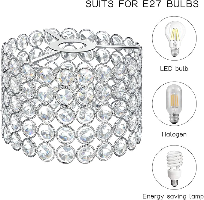 Boao Crystal Lamp Shade Ceiling Light Shade Chandelier Lampshade Fitting for Living Room Bedroom Bathroom Wedding Centerpiece Event Party, Warm White, Bulb Not Included(7 x 7 x 4.3 Inch,Silver)