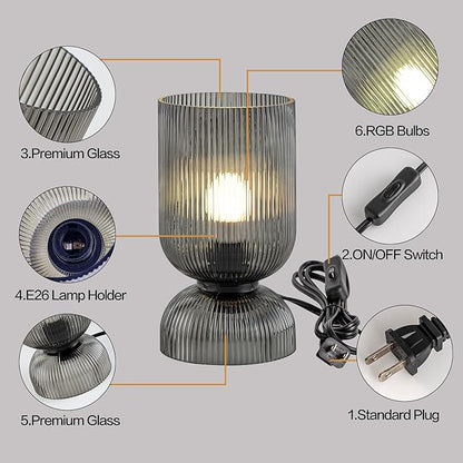 Modern RGB Glass Table Lamp with Remote，Color Changing Bedside Lamp with Ribbed Glass Shade, 16 Colors, On/Off Cord Switch, Nightstand Lamp for Bedroom, Living Room, Office, Bulb Included