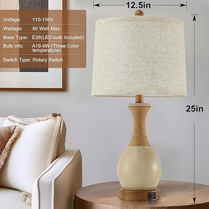 Table Lamp for Bedroom Set of 2 - Bedside Table Lamps with Adjustable Color Temperatures - Boho Rattan Lamps for Nightstand with USB A+C Charging Ports Farmhouse Living Room Lamp Bulb Included
