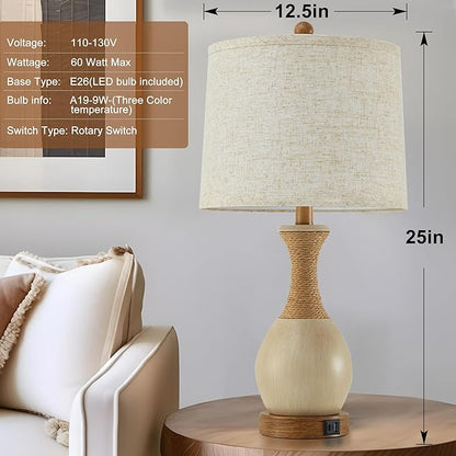 Table Lamp for Bedroom Set of 2 - Bedside Table Lamps with Adjustable Color Temperatures - Boho Rattan Lamps for Nightstand with USB A+C Charging Ports Farmhouse Living Room Lamp Bulb Included
