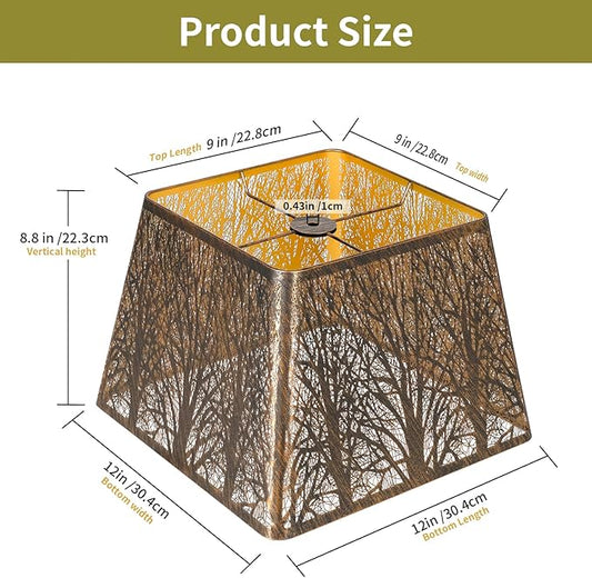 Square Fillet Metal Lampshade Forest Pattern 9" Top X 12" Bottom X 8.8" High Vintage Bronze Fits For Table Lamps Floor Lamps Replacement For Home Decor large lampshade