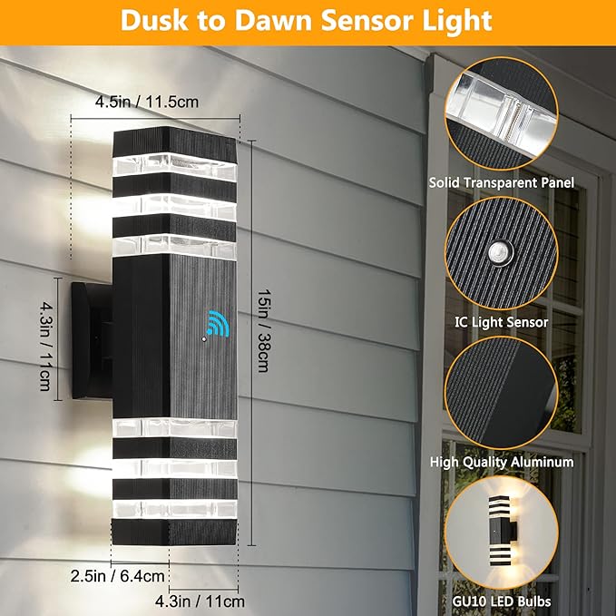 tewei 1 Pack Dusk to Dawn Outdoor Wall Lights Fixture, Up and Down LED Outdoor Wall Sconce Porch Lights, IP65 3000K Warm White Matte Black Exterior Lights for House Garage Front Porch