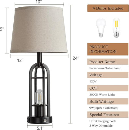 24" Table Lamps for Living Room Set of 2, Farmhouse Industrial 3-Way Dimmable Touch Bedside Lamps with USB A+C for Bedroom Nightstand，4 Bulbs Included
