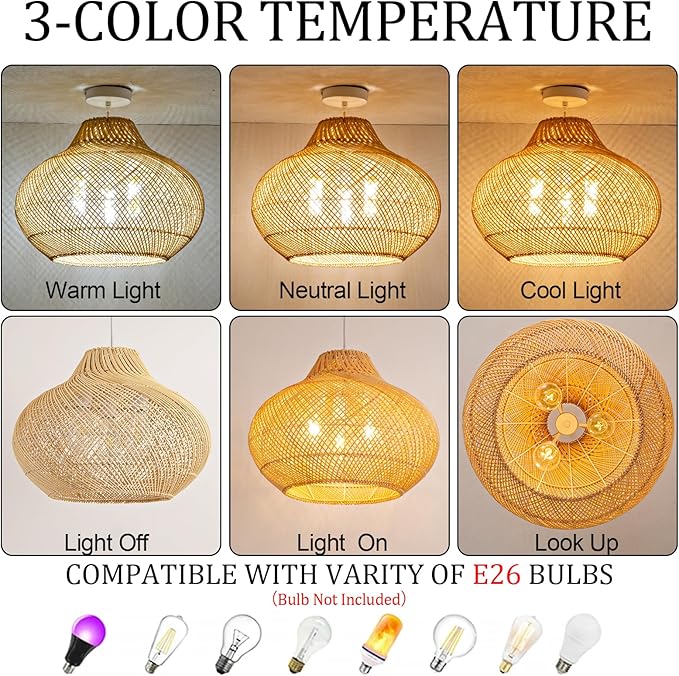 3-Light Rattan Pendant Light,18.9" Round Hanging Light,Wicker Pendant Light Hand-Woven Rattan Chandelier for Workplace Dining Living Bedroom Kitchen Farmhouse
