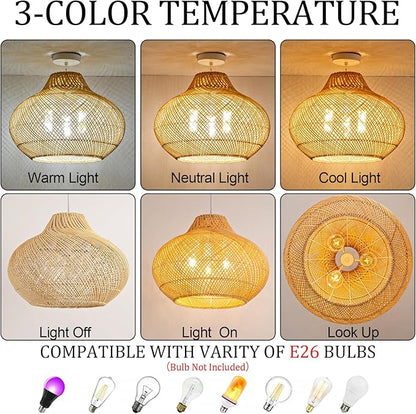 3-Light Rattan Pendant Light,18.9" Round Hanging Light,Wicker Pendant Light Hand-Woven Rattan Chandelier for Workplace Dining Living Bedroom Kitchen Farmhouse