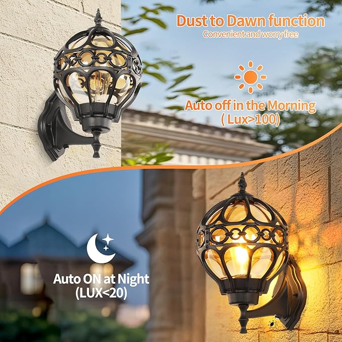 Globe Outdoor Wall Lights with Dusk to Dawn Sensor,Waterproof Black Sphere Outside Wall Light Fixtures, Anti-Rust Exterior Aluminum Round Porch Lights for Patio Porch Backyard Garage，General ﻿