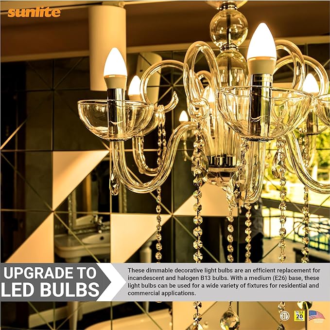 Sunlite LED B13 Torpedo Decorative Chandelier Light Bulb, 7 Watts (60W=), 500 Lmns, 120 Volts, Dimmable, E26 Base, 90 CRI, ETL Listed, Torpedo Frosted, Title-20, 3000K Warm White, 6 Pack