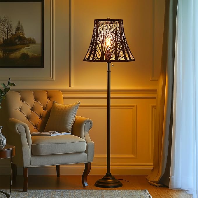 Metal Bell Lamp Shade, Large Lampshade (Spider Fitter) Square Cut Corner, Etched Forest Lamp Shades for Table Lamps and Floor Lamps, Bronze Gold Tree Pattern, 8" Top x 14" Bottom x 11" High
