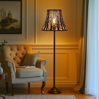 Metal Bell Lamp Shade, Large Lampshade (Spider Fitter) Square Cut Corner, Etched Forest Lamp Shades for Table Lamps and Floor Lamps, Bronze Gold Tree Pattern, 8" Top x 14" Bottom x 11" High