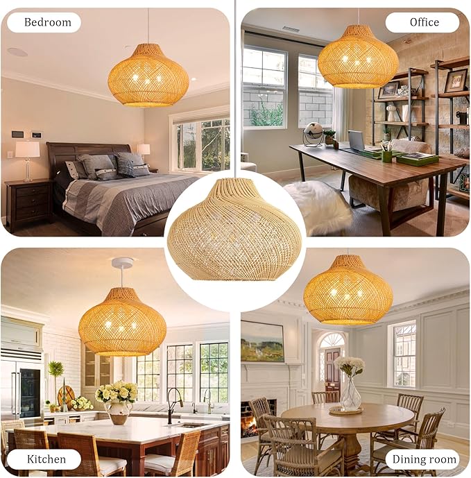 3-Light Rattan Pendant Light,18.9" Round Hanging Light,Wicker Pendant Light Hand-Woven Rattan Chandelier for Workplace Dining Living Bedroom Kitchen Farmhouse