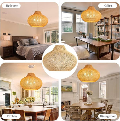 3-Light Rattan Pendant Light,18.9" Round Hanging Light,Wicker Pendant Light Hand-Woven Rattan Chandelier for Workplace Dining Living Bedroom Kitchen Farmhouse