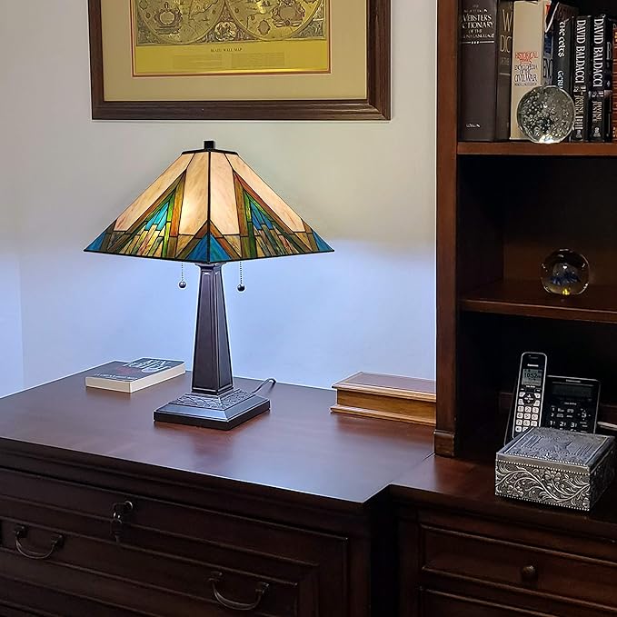 Tiffany Style Table Lamp Banker Mission 22" Tall Stained Glass Ivory Green Antique Vintage Light Decor Nightstand Living Room Bedroom Handmade Gift AM349TL14, 14 in Diameter Amora Lighting