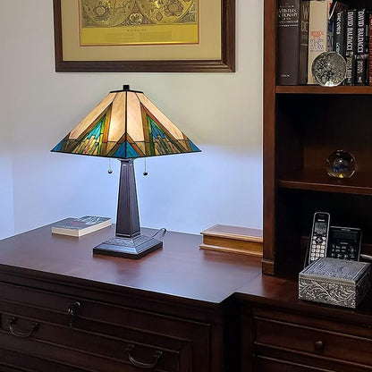 Tiffany Style Table Lamp Banker Mission 22" Tall Stained Glass Ivory Green Antique Vintage Light Decor Nightstand Living Room Bedroom Handmade Gift AM349TL14, 14 in Diameter Amora Lighting