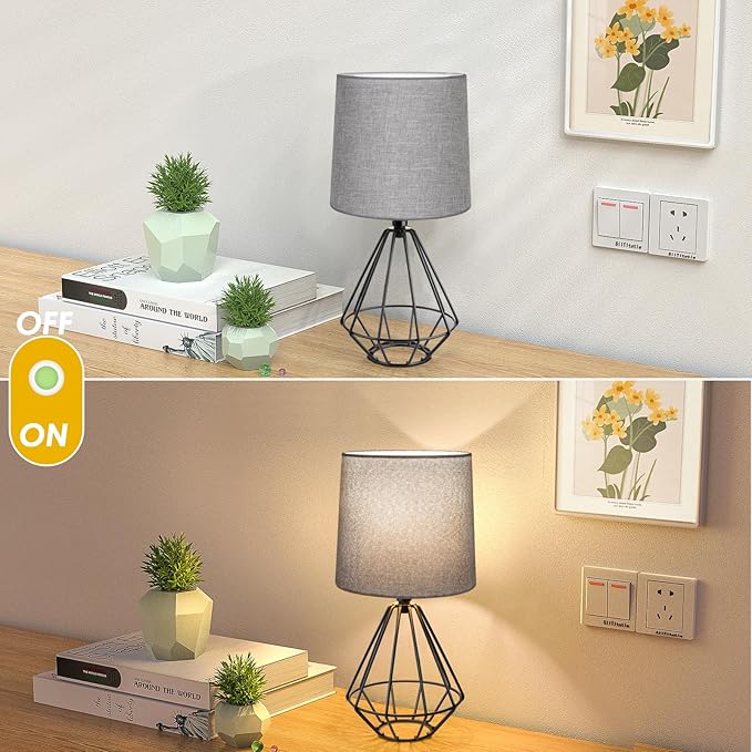 GGOYING Set of 2 Bedside Table Lamp, Black Metal Modern Lamp with Grey Fabric Shade, Simple Side Lamp for Living Room,Bedroom,Home,Office Working