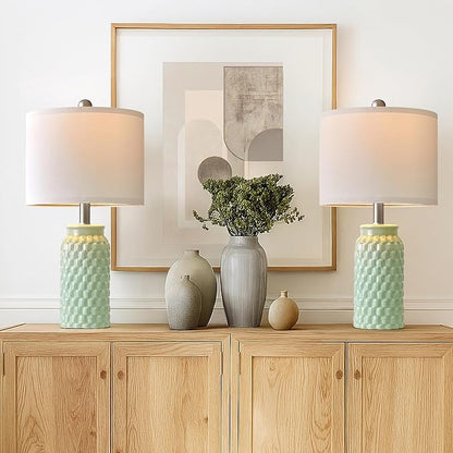 20.5" Set of 2 Bedside Table Lamps Modern Green Honeycomb Ceramic - Linen Shade, E26 Knob Switch for Living Room, Bedroom & Nightstand