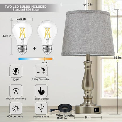 Table Lamps for Bedroom Set of 2,Dimmable Touch Bedside Lamps with Dual USB A+C Ports - Nightstand Lamp for End Table Modern Night Stand Lamps for Living Room Guest Room