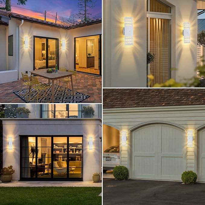 Dusk to Dawn Outdoor Wall Lights Modern Exterior Lighting Fixtures, 2 Pack White Outside Lights for House, Up and Down Porch Lights Outdoor Waterproof Sconces Wall Lighting for Garage Patio