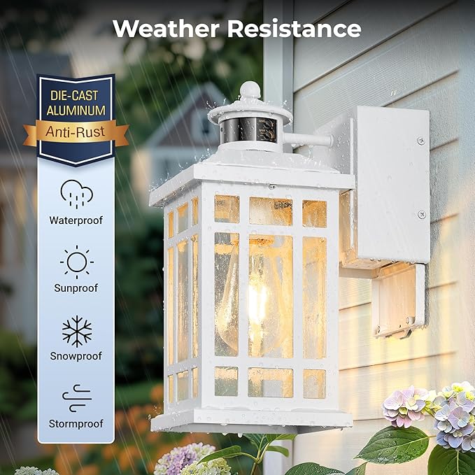White Motion Sensor Outdoor Lights with GFCI Outlet, Distance and Time Adjustable Exterior Lighting Fixtures, Dusk to Dawn Outside Light for House, Porch, Garage, 5 Modes, Waterproof, Anti-Rust