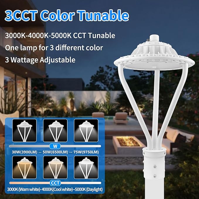LED Post Top Light 30/50/75W Adjustable 9750 LM 3000/4000/5000K LED Circular Area Light Outdoor Pole Lights with Photocell, IP67 Parking Lot Lights Fixture Commercial Lighting, 100-277V ETL&DLC Listed