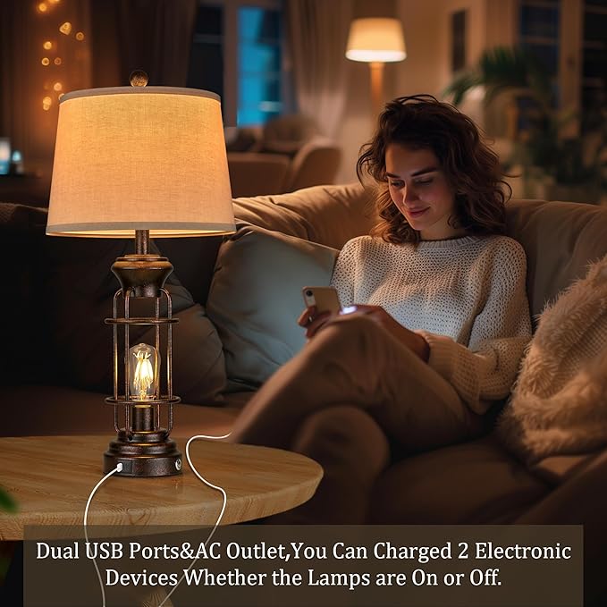 Table Lamps for Living Room Set of 2, 28" Tall Farmhouse Table Lamp with USB C+A Ports, Bedroom Lamps for Nightstand with White Oatmeal Lampshade, 4 Bulbs Included