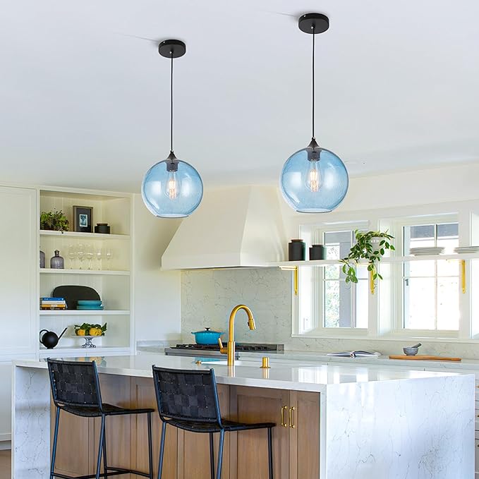 Blue Glass Pendant Lights Kitchen Island Lighting Modern Globe Pendant Light Fixtures Modern Pendant Lights for Kitchen Island Bedroom Living Dining Room Light Fixture-7.8inch