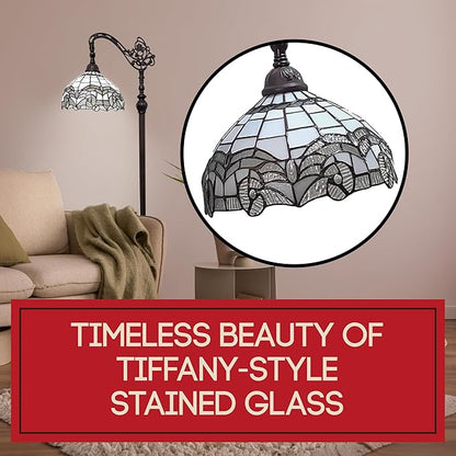 Amora Tiffany Floor Lamp - Arched, Stained Glass 62” - Traditional White Mahogany with Foot Switch Operation and Adjustable Lamp Shade - Custom Handcrafted Floor Lamps for Living Room