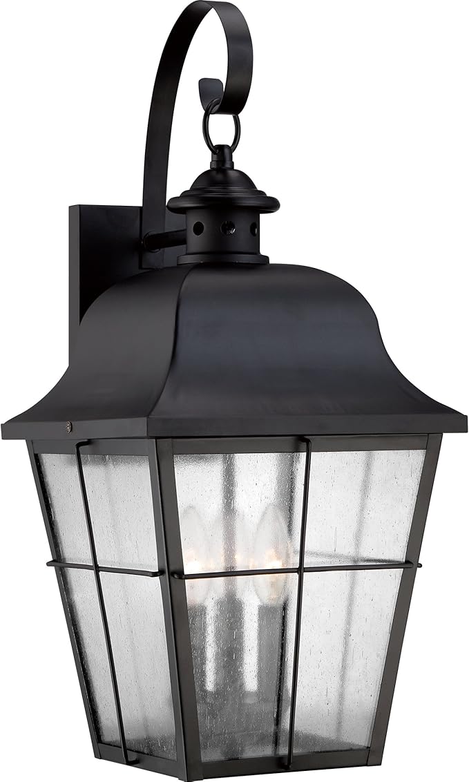 Quoizel Millhouse Outdoor Wall Lantern, 22 Inch, 3-Light Mystic Black Traditional Wall Sconce, Clear Seeded Glass, 60W, Exterior Wall Lantern Fixture, Outside Lights for Patio, Porch, Garage or Yard