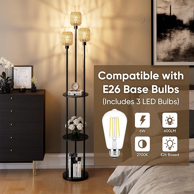 WIHTU 70" Boho Floor Lamp, Dimmable Rattan Floor Lamp with Shelves, 3 Lights Rustic Tall Lamps with Rotary Switch, Farmhouse Standing Lamps for Living Room, Bedroom，Office (Includes 3 Bulbs)