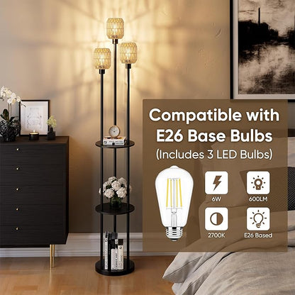 WIHTU 70" Boho Floor Lamp, Dimmable Rattan Floor Lamp with Shelves, 3 Lights Rustic Tall Lamps with Rotary Switch, Farmhouse Standing Lamps for Living Room, Bedroom，Office (Includes 3 Bulbs)